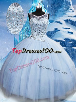 Most Popular Scoop Sleeveless Sweet 16 Dresses Floor Length Beading Light Blue Tulle