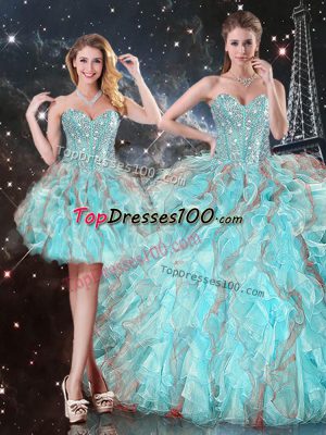 Fashionable Floor Length Lace Up Ball Gown Prom Dress Aqua Blue for Military Ball and Sweet 16 and Quinceanera with Beading and Ruffles