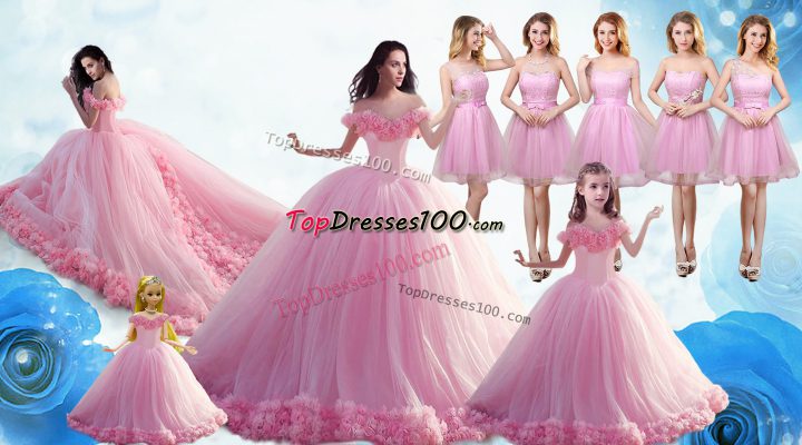 Luxurious Baby Pink Lace Up Off The Shoulder Ruffles Quinceanera Dresses Tulle Sleeveless