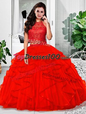 Floor Length Zipper Ball Gown Prom Dress Red for Military Ball and Sweet 16 and Quinceanera with Lace and Ruffles