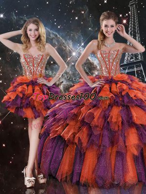 New Style Multi-color Sweetheart Lace Up Beading and Ruffles and Ruffled Layers Quince Ball Gowns Sleeveless
