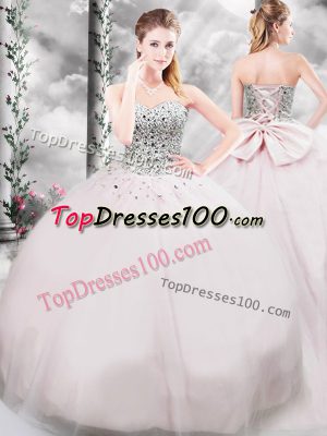 Nice Pink Ball Gown Prom Dress Tulle Brush Train Sleeveless Beading and Bowknot