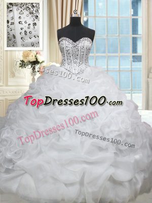 Low Price Sleeveless Organza Brush Train Lace Up Sweet 16 Dresses in White with Beading and Pick Ups