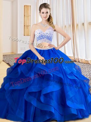 Delicate Royal Blue Criss Cross One Shoulder Beading and Ruffles Vestidos de Quinceanera Tulle Sleeveless