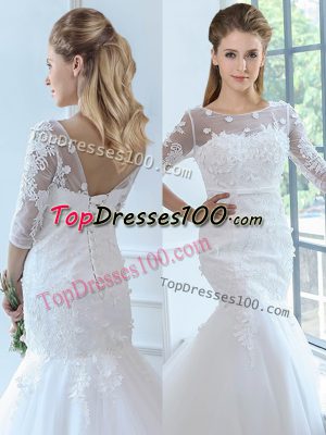 Scoop Half Sleeves Bridal Gown Brush Train Lace White Tulle