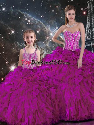 Customized Floor Length Lace Up Sweet 16 Dress Fuchsia for Military Ball and Sweet 16 and Quinceanera with Beading and Ruffles