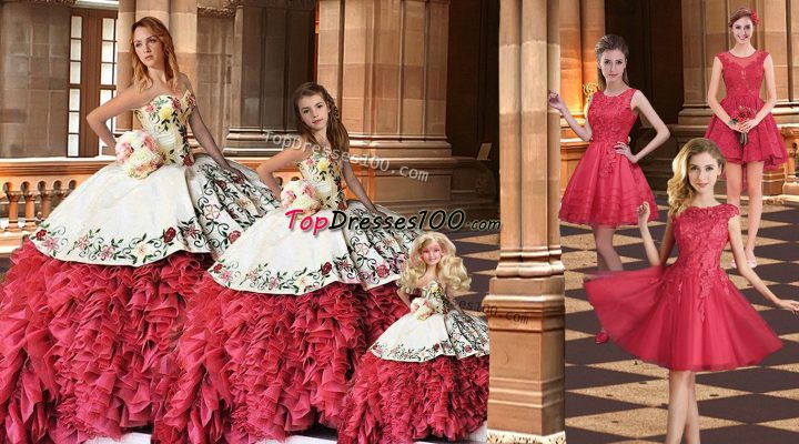 Brush Train Ball Gowns Quinceanera Dress White And Red Sweetheart Taffeta Sleeveless Lace Up