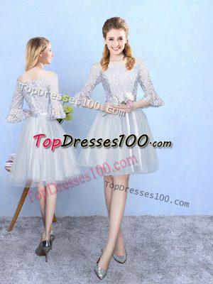 Best Selling Off The Shoulder Half Sleeves Bridesmaid Gown With Train Lace Silver Tulle