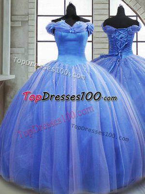 Lace Up Ball Gown Prom Dress Light Blue for Military Ball and Sweet 16 and Quinceanera with Pick Ups Brush Train