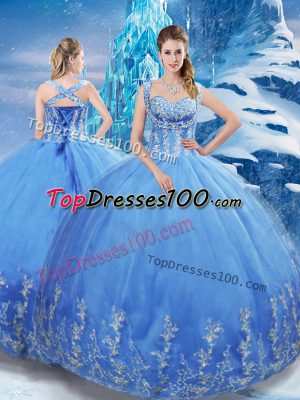 Baby Blue Lace Up Sweetheart Beading and Appliques Sweet 16 Dress Tulle Sleeveless