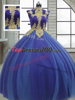 High-neck Sleeveless Quinceanera Dress Floor Length Appliques Royal Blue Tulle