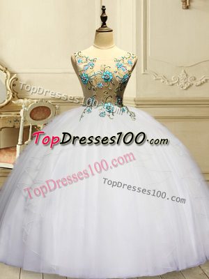 Amazing White Lace Up 15th Birthday Dress Appliques and Ruffles Sleeveless Floor Length