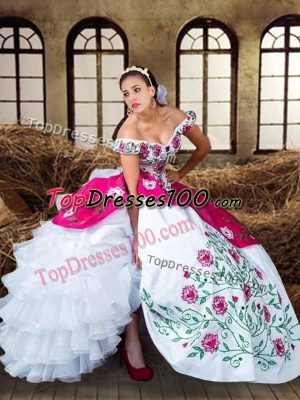 Elegant Multi-color Ball Gowns Off The Shoulder Sleeveless Chiffon Floor Length Lace Up Embroidery and Ruffled Layers Sweet 16 Quinceanera Dress