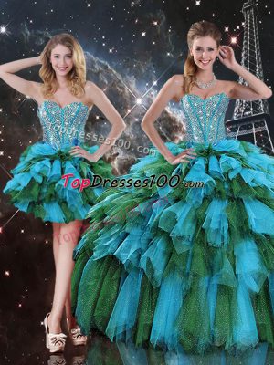 Flirting Multi-color Sweet 16 Dress Military Ball and Sweet 16 and Quinceanera with Beading and Ruffles and Ruffled Layers Sweetheart Sleeveless Lace Up