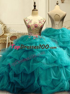 Unique Organza Scoop Sleeveless Lace Up Appliques and Ruffles and Sequins Vestidos de Quinceanera in Teal