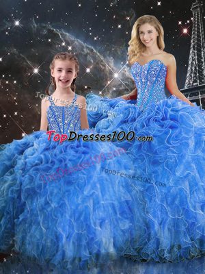 Free and Easy Baby Blue Organza Lace Up Sweetheart Sleeveless Floor Length Sweet 16 Dress Beading and Ruffles