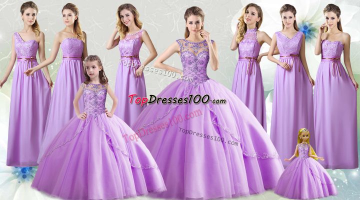 Lilac Tulle Lace Up Vestidos de Quinceanera Sleeveless Floor Length Beading