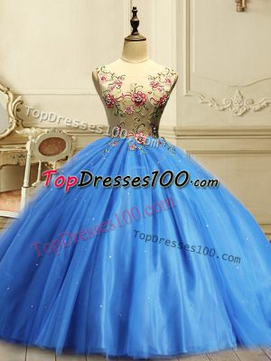 Sophisticated Baby Blue Vestidos de Quinceanera Military Ball and Sweet 16 and Quinceanera with Appliques and Sequins Scoop Sleeveless Lace Up