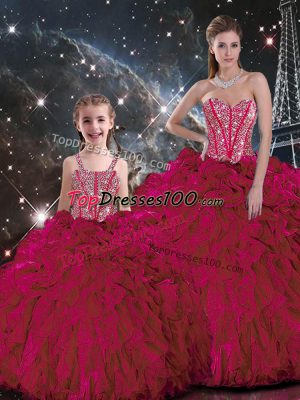 Burgundy Sweetheart Lace Up Beading and Ruffles Ball Gown Prom Dress Sleeveless