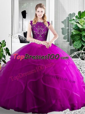 Fuchsia Scoop Zipper Lace and Ruffles Quinceanera Gown Sleeveless