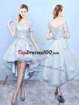 Light Blue A-line Off The Shoulder Short Sleeves Tulle High Low Lace Up Lace Court Dresses for Sweet 16