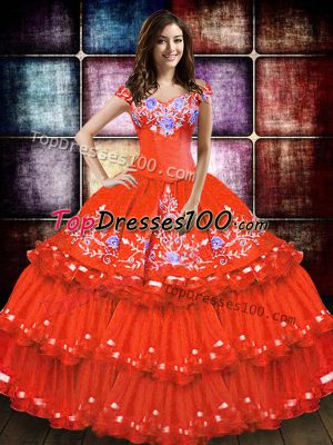 Customized Off The Shoulder Sleeveless 15 Quinceanera Dress Floor Length Embroidery and Ruffled Layers Orange Red Taffeta