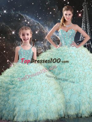 Cheap Light Blue Ball Gowns Sweetheart Sleeveless Organza Floor Length Lace Up Beading and Ruffles Quince Ball Gowns
