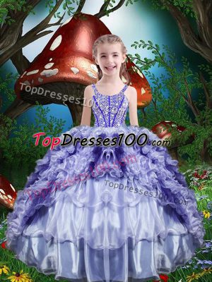 Purple Lace Up Straps Beading and Ruffles and Ruffled Layers Little Girl Pageant Dress Organza Sleeveless