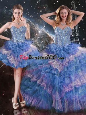 Organza Sweetheart Sleeveless Lace Up Beading and Ruffled Layers and Sequins Quinceanera Gown in Multi-color