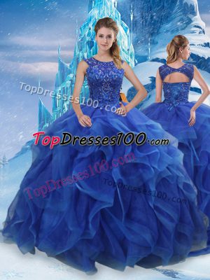 Elegant Ball Gowns Sweet 16 Quinceanera Dress Blue Scoop Organza Sleeveless Floor Length Lace Up
