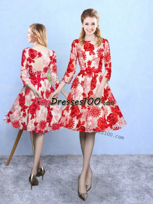 Traditional Knee Length A-line 3 4 Length Sleeve Red Wedding Party Dress Lace Up