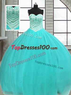 Turquoise Ball Gowns Tulle Sweetheart Sleeveless Beading Floor Length Lace Up Vestidos de Quinceanera