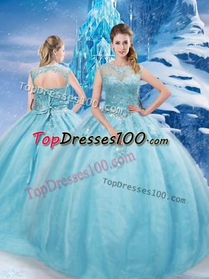 Customized Scoop Sleeveless Tulle Quince Ball Gowns Beading Brush Train Lace Up