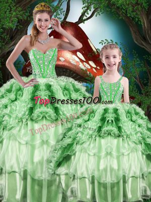Green Sleeveless Floor Length Beading and Ruffles and Ruffled Layers Lace Up 15 Quinceanera Dress