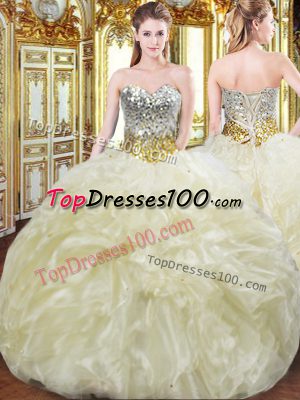 Customized Sweetheart Sleeveless Quinceanera Dress Floor Length Beading and Ruffles Light Yellow Organza