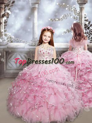 Stylish Baby Pink Sweetheart Lace Up Beading and Ruffles Little Girls Pageant Gowns Brush Train Sleeveless