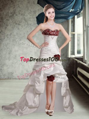 Appliques and Pick Ups and Hand Made Flower Bridal Gown White And Red Lace Up Sleeveless High Low Brush Train
