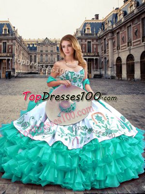 Pretty Sleeveless Organza and Taffeta Floor Length Lace Up Vestidos de Quinceanera in Turquoise with Embroidery and Ruffled Layers