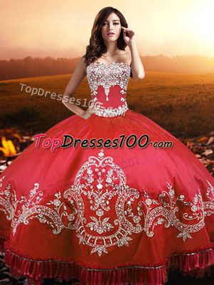 Attractive Coral Red Ball Gowns Beading and Appliques and Embroidery Vestidos de Quinceanera Lace Up Taffeta Sleeveless Floor Length