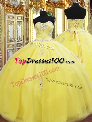 Unique Gold Tulle Lace Up Sweet 16 Dress Sleeveless Floor Length Beading and Appliques