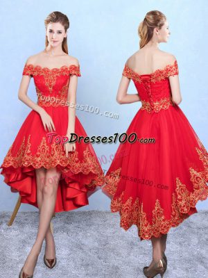 Wine Red A-line Off The Shoulder Sleeveless Tulle High Low Lace Up Appliques Dama Dress for Quinceanera