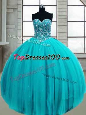 Luxurious Sweetheart Sleeveless Tulle Quinceanera Gowns Beading Lace Up