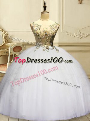 Customized Floor Length White Quince Ball Gowns Organza Sleeveless Appliques and Ruffles