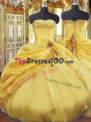 Strapless Sleeveless Ball Gown Prom Dress Floor Length Beading and Pick Ups Gold Taffeta