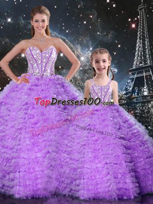 Smart Lavender Ball Gowns Beading and Ruffles Vestidos de Quinceanera Lace Up Tulle Sleeveless Floor Length