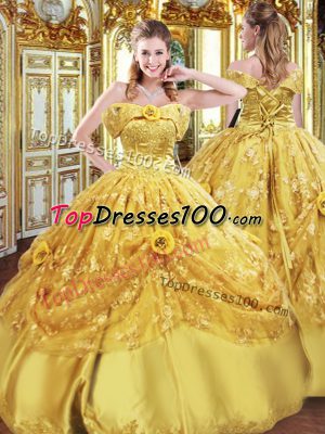 Adorable Strapless Sleeveless Quince Ball Gowns Floor Length Beading and Appliques and Hand Made Flower Gold Tulle