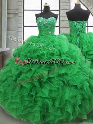 Pretty Green Ball Gowns Organza Sweetheart Sleeveless Beading and Ruffles Floor Length Lace Up Vestidos de Quinceanera