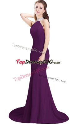 Purple Mermaid Elastic Woven Satin Halter Top Sleeveless Beading Side Zipper Dress for Prom Brush Train