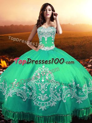 Customized Floor Length Lace Up Sweet 16 Dress Turquoise for Military Ball and Sweet 16 and Quinceanera with Beading and Appliques