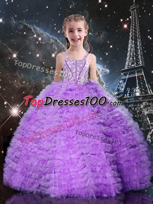 Sleeveless Tulle Floor Length Lace Up Little Girl Pageant Gowns in Eggplant Purple with Beading and Ruffles and Ruffled Layers